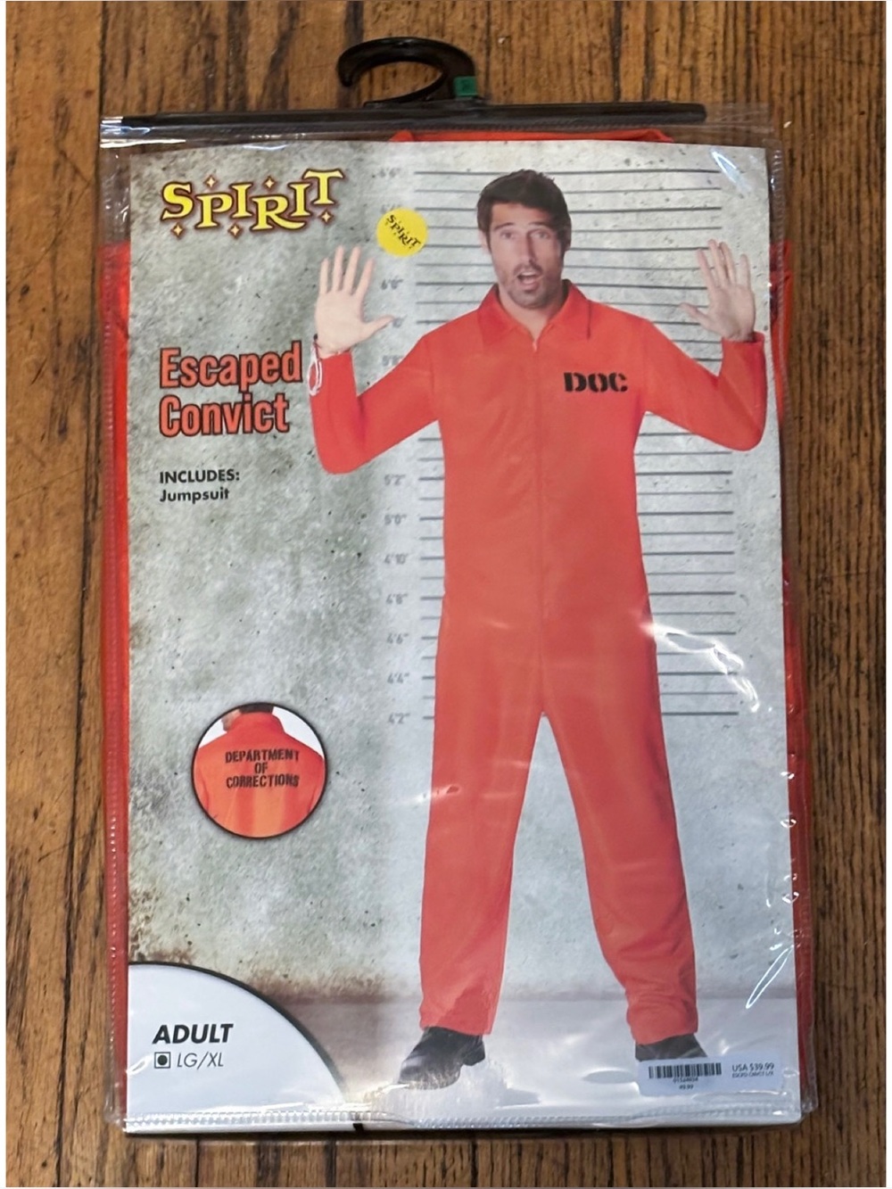 Spirit Halloween Escaped Convict Costume Adult Sz Large XL Orange Jumpsuit DOC